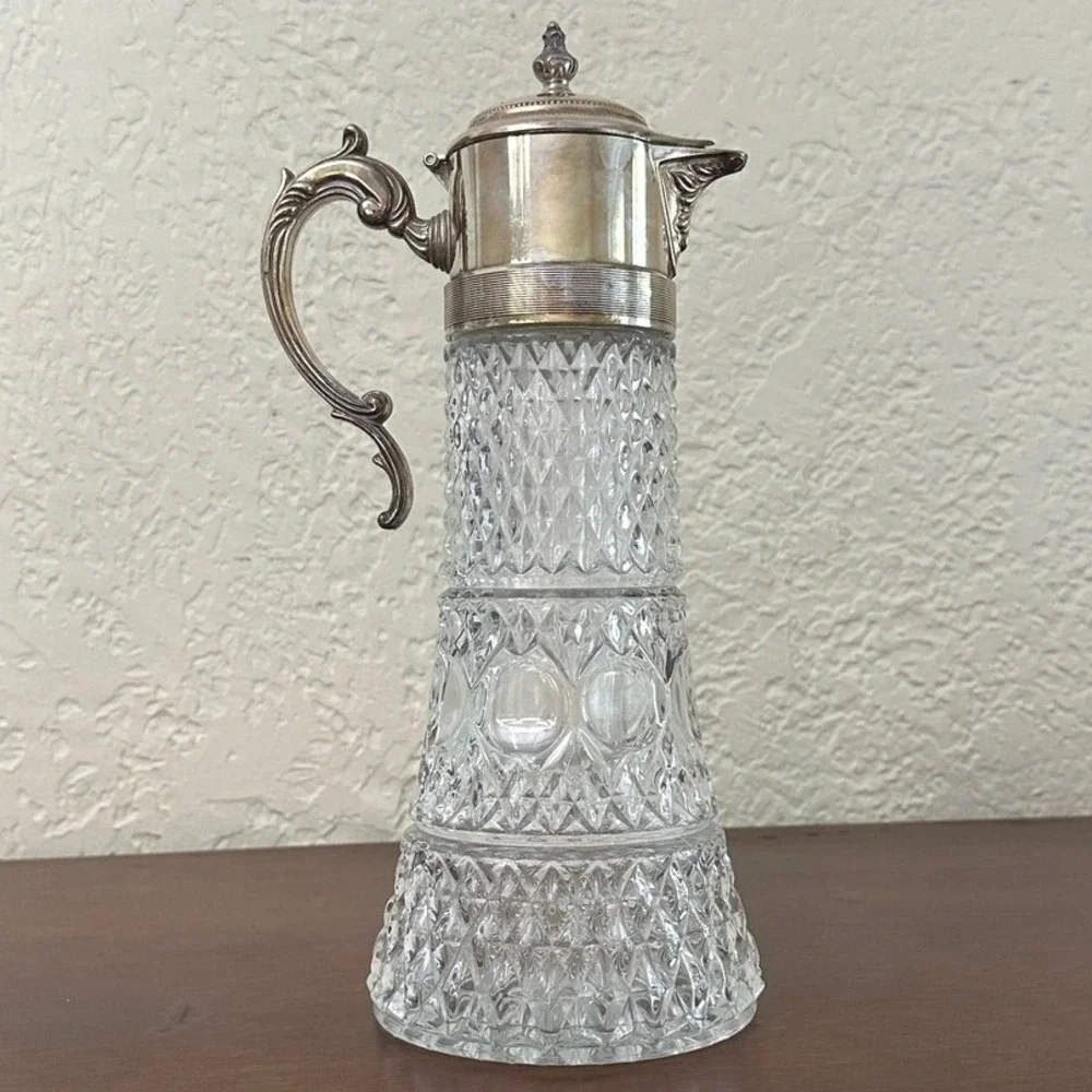 Vintage Leonard Crystal Diamond Cut Glass Carafe Silver Plate Claret Pitcher